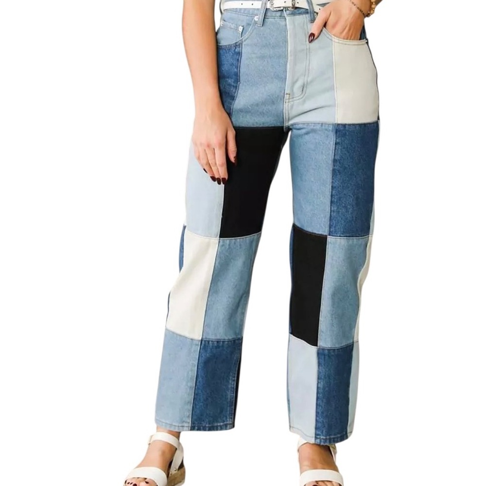 Signature8 Patchwork Straight-Leg Jeans in Light Blue, Dark Blue, Cream Large